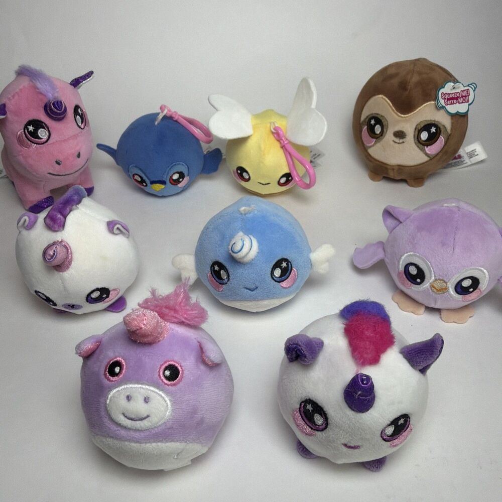 Lot of 9 Squeezamals, 2 Clips, 5 Regular Size, 1 Large & 1 Unicorn Soft Stuffed